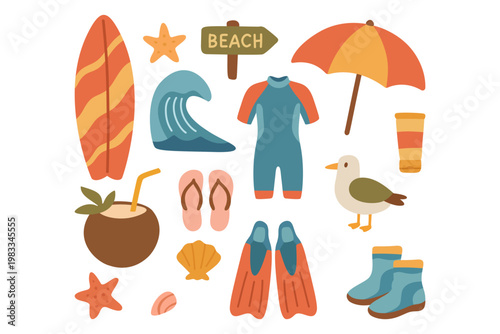 Flat minimal set of beach accessories including surfboard, umbrella, fins, and seaside elements. Summer beach items and seaside objects icon symbol illustration design set for travel and holiday