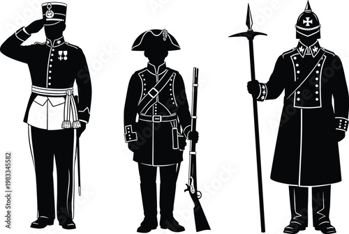 Historical military soldier silhouettes collection featuring imperial officer saluting napoleonic infantryman with musket and palace guard with halberd vector illustration.