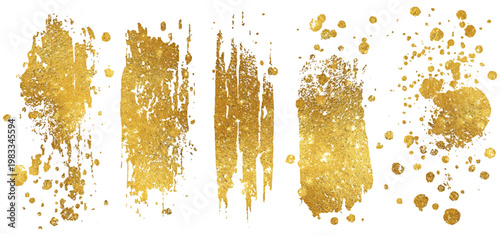 Luxury golden grunge paint brush stroke set splash vector design. abstract gold foil stain artistic line element banner border frame background.
