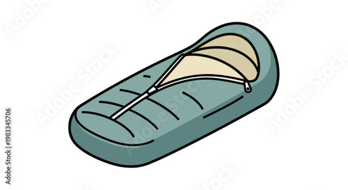 A teal sleeping bag is partially unzipped, revealing a cream interior and zipper pull