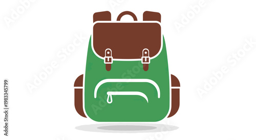 A green backpack with brown accents and a zippered pocket