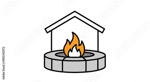Stylized graphic of a circular outdoor fire pit with flames under a simple house outline