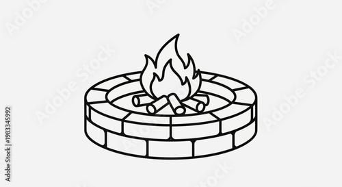 Circular brick fire pit with burning logs and flames