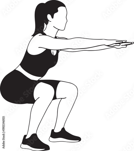 Female Bodyweight Squat Position Training Lower Body Strength Balance Exercise Minimal Fitness Illustration