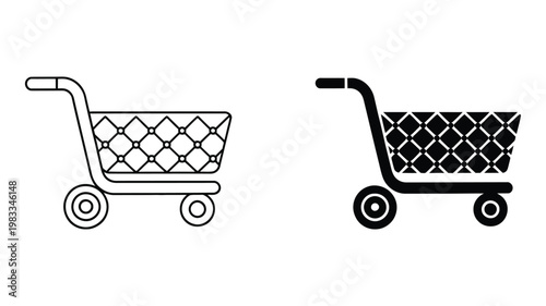 Trolley shopping cart commerce symbol, clean editable stroke vector illustration featuring shopping cart, retail basket, and checkout concept