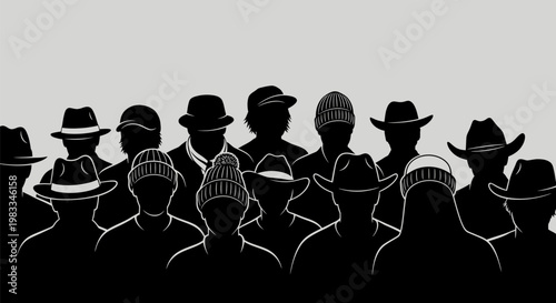 A crowd of people silhouetted wearing various hats on a gray background