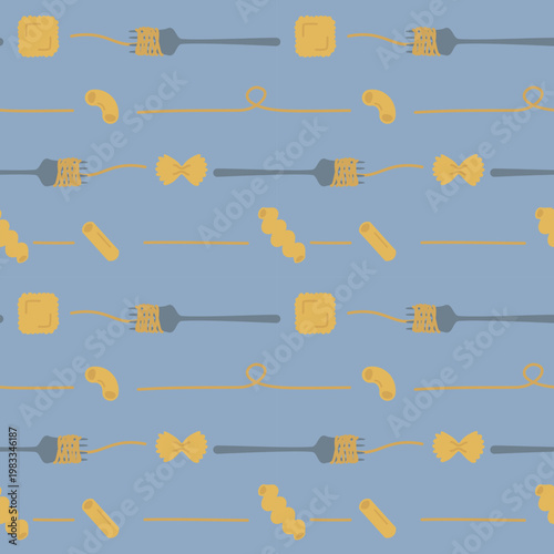 seamless minimal italian food with pasta, spaghetti and macaroni, Pastel Nursery repeat pattern in blue background, flat vector illustration graphic design
