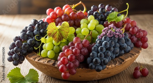 Assorted fresh grapes in rustic wooden bowl on dark background