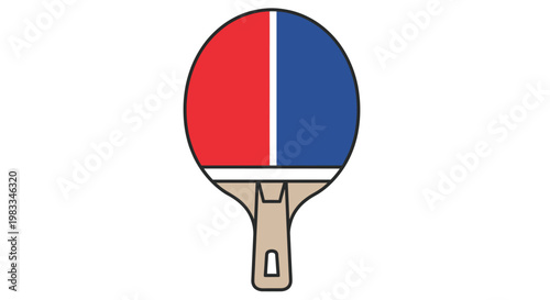 A red and blue table tennis paddle with a tan handle, isolated on white