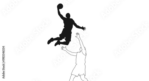 Basketball Player Silhouetted Mid-Jump Slam Dunking Over Opponent