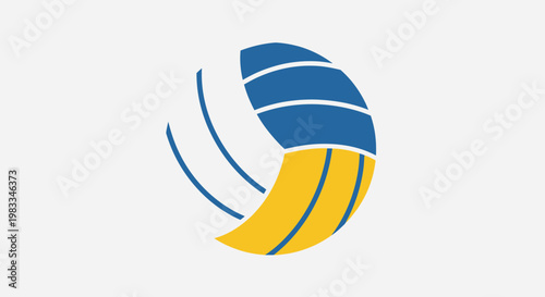 Stylized abstract geometric shape with blue and yellow curved bands