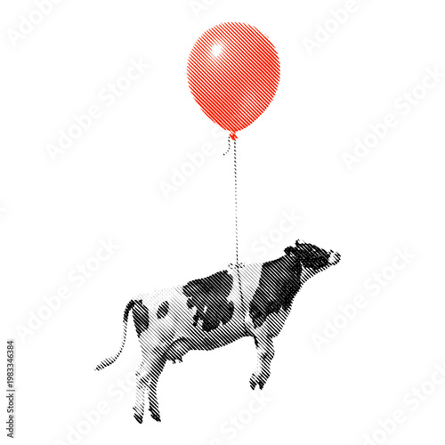 Cow Floating with a Red Balloon, Funny Flying Cow Illustration in Retro Halftone Style