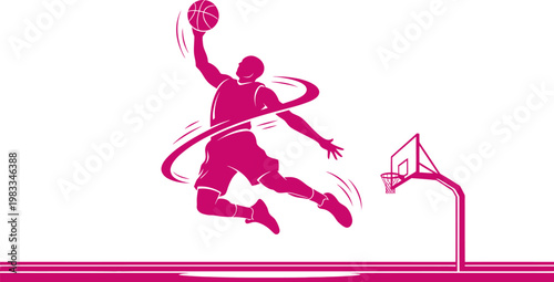 Vibrant illustration of a basketball player executing a slam dunk with dynamic motion lines