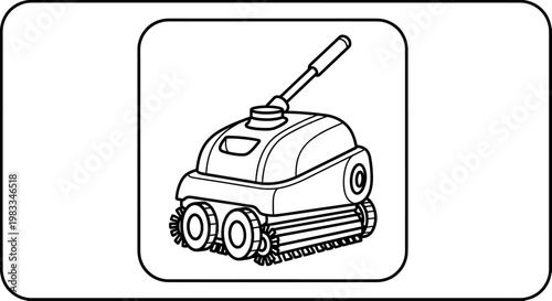 A black and white line drawing of a robotic pool cleaner