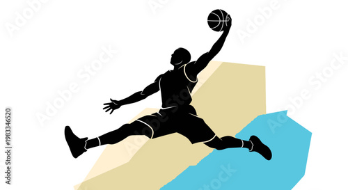 Basketball player in mid-air, jumping to slam dunk during a game