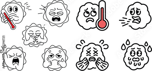 Cartoon germ characters displaying various sickness symptoms including fever, coughing, and general discomfort on a white background