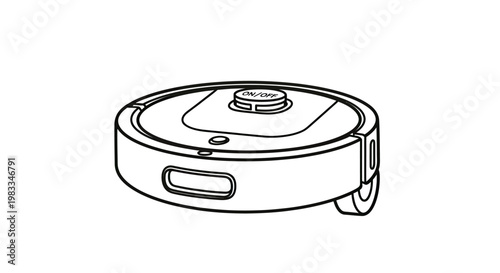 Line art drawing of a round, automated vacuum cleaner with an ON/OFF button