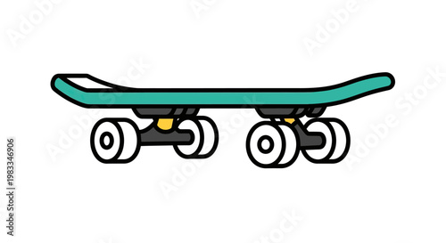 Teal skateboard with white wheels and black trim, on a white background