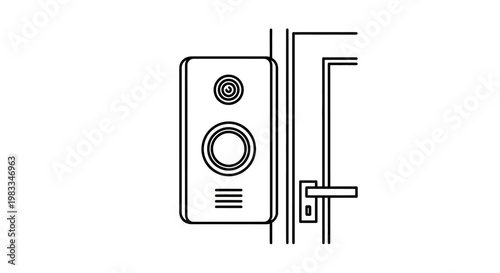 A stylized black and white illustration of a doorbell on a door frame