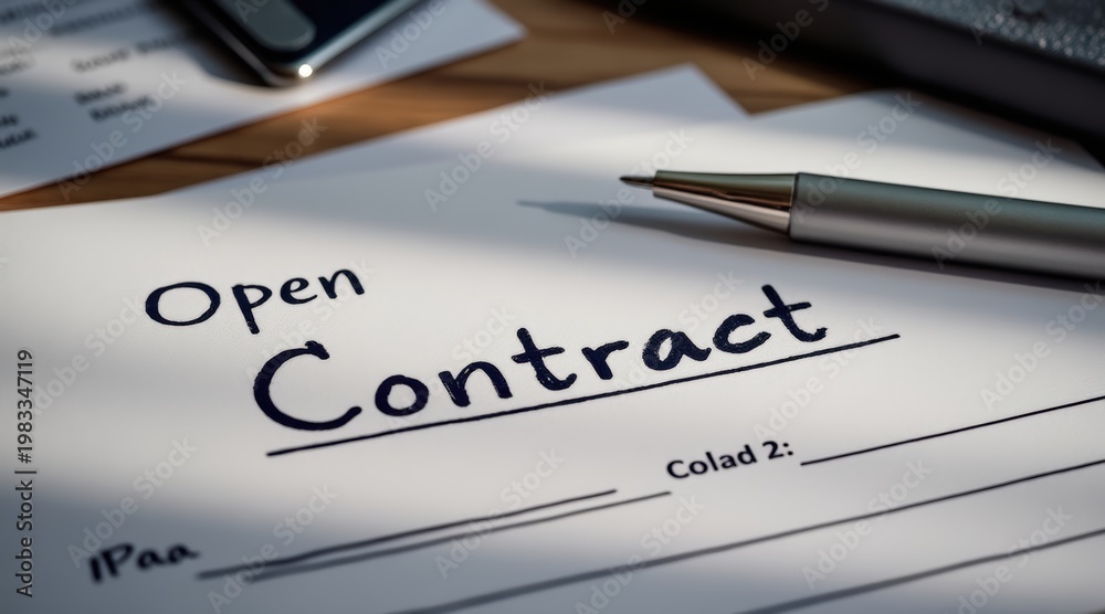 Obraz premium Open contract document with pen ready for signing on wooden desk