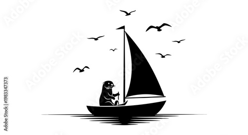 A vintage pirate sailing ship silhouette glides across the ocean waves under a summer sun, creating a nautical vessel illustration perfect for travel and vacation themes