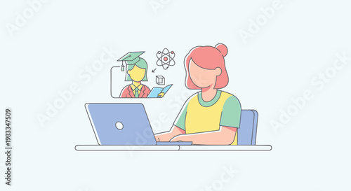 Flat design woman working on laptop, thinking, coding, software development, illustration
