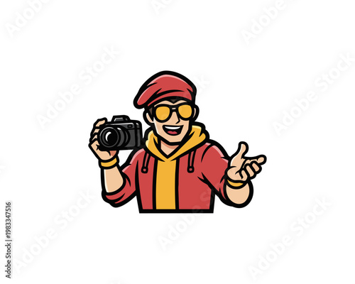 Cartoon photographer holding camera on black background