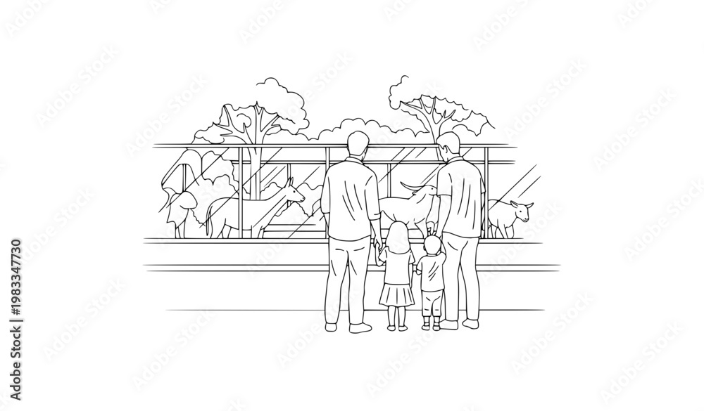 Fototapeta premium Family at zoo line art black and white minimal outline vector illustration calm parent and child bonding moment
