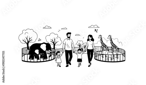 Family visiting zoo black and white vector illustration parents and children enjoying animals park lifestyle scene
