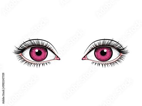 Pair of beautiful female eyes with bright pink iris illustration on white background