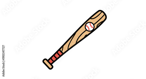 A wooden baseball bat with a red and white ball resting on it