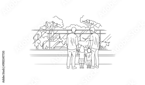 Family at zoo line art black and white minimal outline vector illustration calm parent and child bonding moment