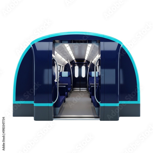 Interior view of a modern high-speed train carriage with blue seats and overhead lighting, showcasing contemporary passenger comfort and travel design