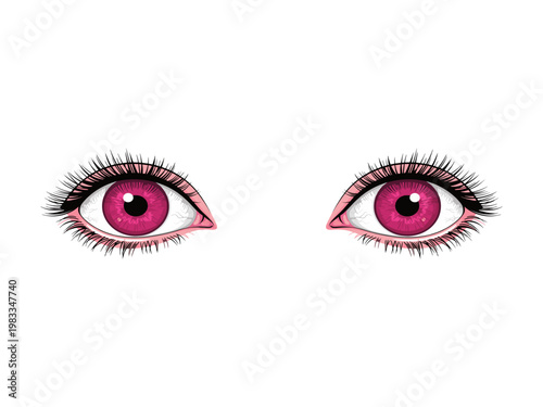 Pair of beautiful female eyes with bright pink iris illustration on white background
