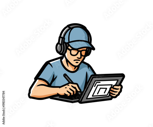 Graphic designer working with tablet and stylus isolated