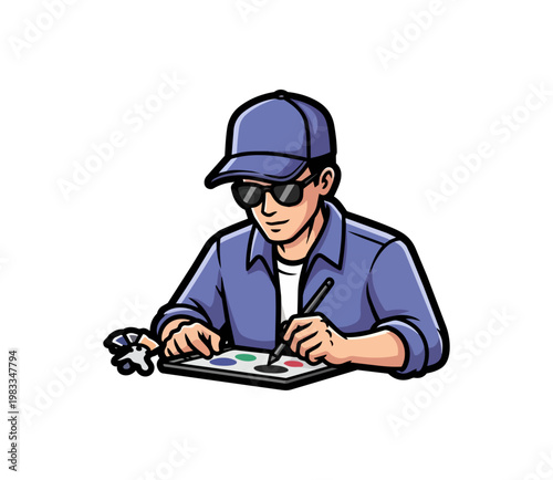 Illustration of a person drawing with a stylus on a tablet