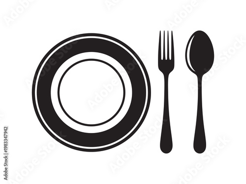 Plate with spoon and fork cutlery icon silhouette on white background