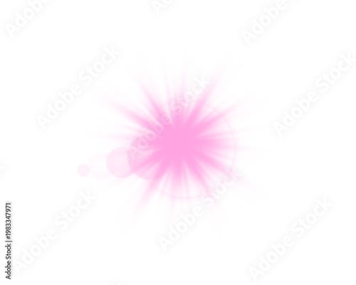 Pink sunlight lens flare, sun flash with rays and spotlight. Burst explosion on a white background. Vector illustration.	
