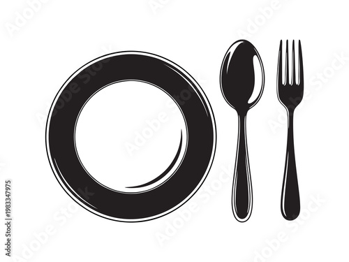Plate with spoon and fork cutlery icon silhouette on white background