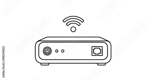 A black outline drawing of a compact router with a power button, two indicator lights, and a port
