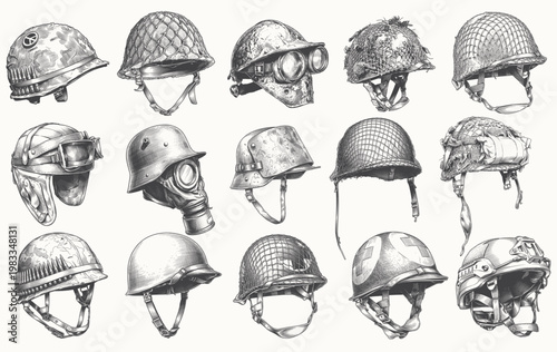 vintage engraving illustration set of military helmets featuring various historical and tactical designs, including combat helmets, gas mask helmets, and protective gear. Ideal for historical projects