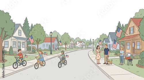 People riding bicycles on a suburban street with houses and trees