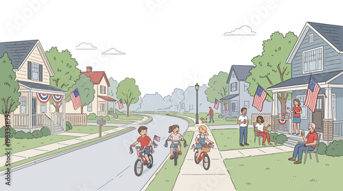 Children ride bicycles down a suburban street lined with American flags and houses on a sunny day.