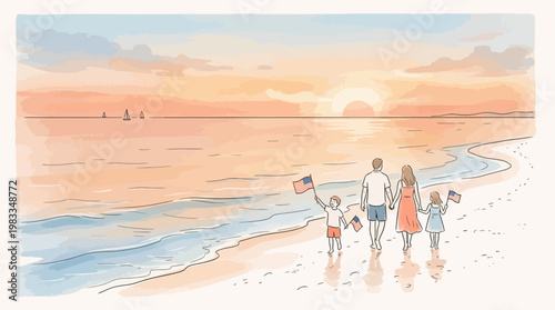 Family walks on beach at sunset with children holding flag