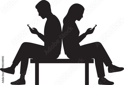 Couple Using Smartphones on Bench Relationship Silhouettes
