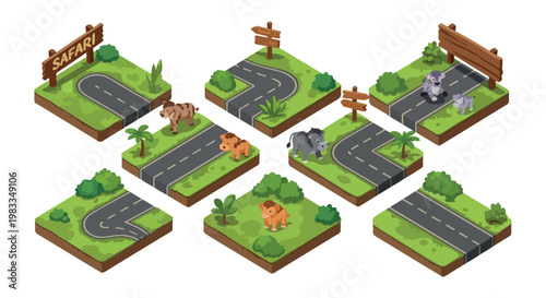 Isometric safari park map tiles with wild animals, 8 modular nature landscape blocks with road and grass, 3D vector zoo construction kit
