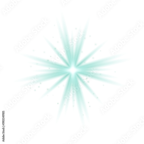 Teal sunlight lens flare, sun flash with rays and spotlight. Glowing burst explosion