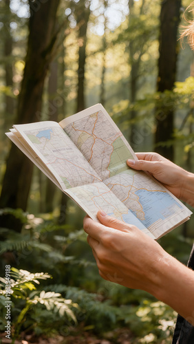 A person holds a paper map and navigates a forest trail, planning a travel route through nature and sunlight.
