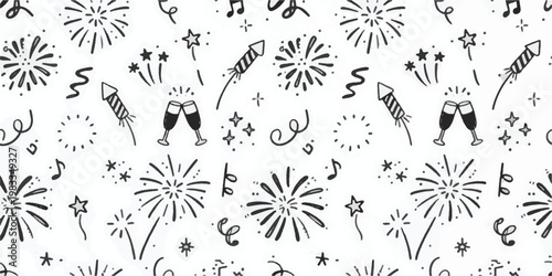 Festive hand drawn pattern with fireworks and champagne Keywords: pattern, festive, celebration