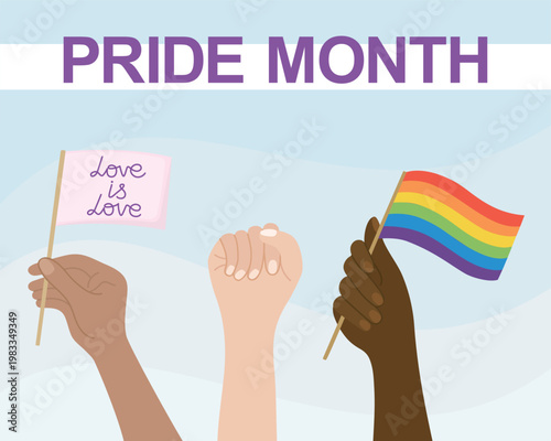 Illustration with raised hands holding flags and Pride Month lettering. Banner symbolizing diversity, equality and celebration